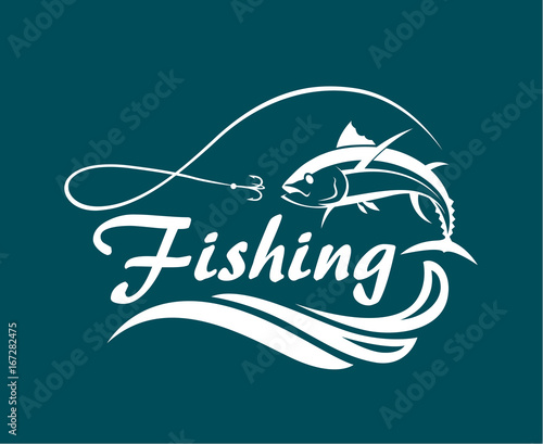 fishing emblem with tuna, waves and hook