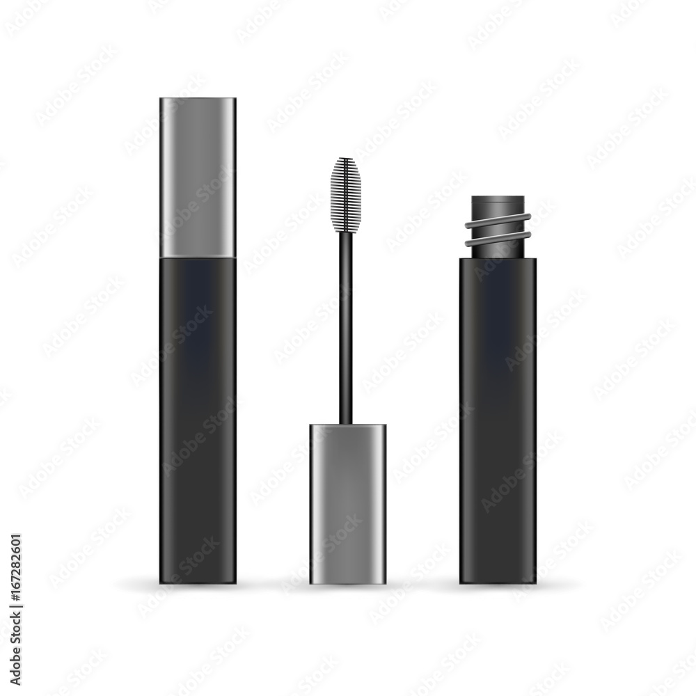 Open and close mascara in product tube with brush. Vector realistic illustration Open and close mascara in product tube with brush. Vector realistic illustration