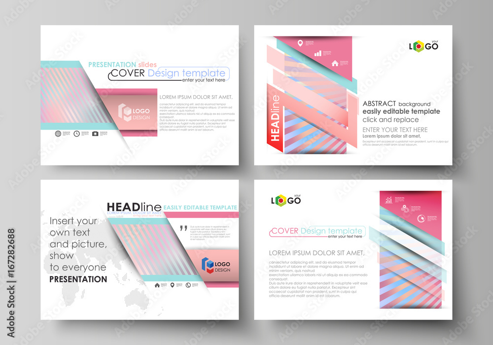 Set of business templates for presentation slides. Easy editable abstract vector layouts in flat style. Sweet pink and blue decoration, pretty romantic design, cute candy background.