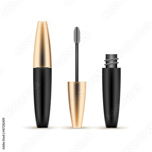 Open and close mascara in product tube with brush. Vector realistic illustration