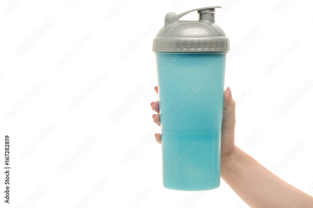 Obraz premium Blue sport shaker female hand