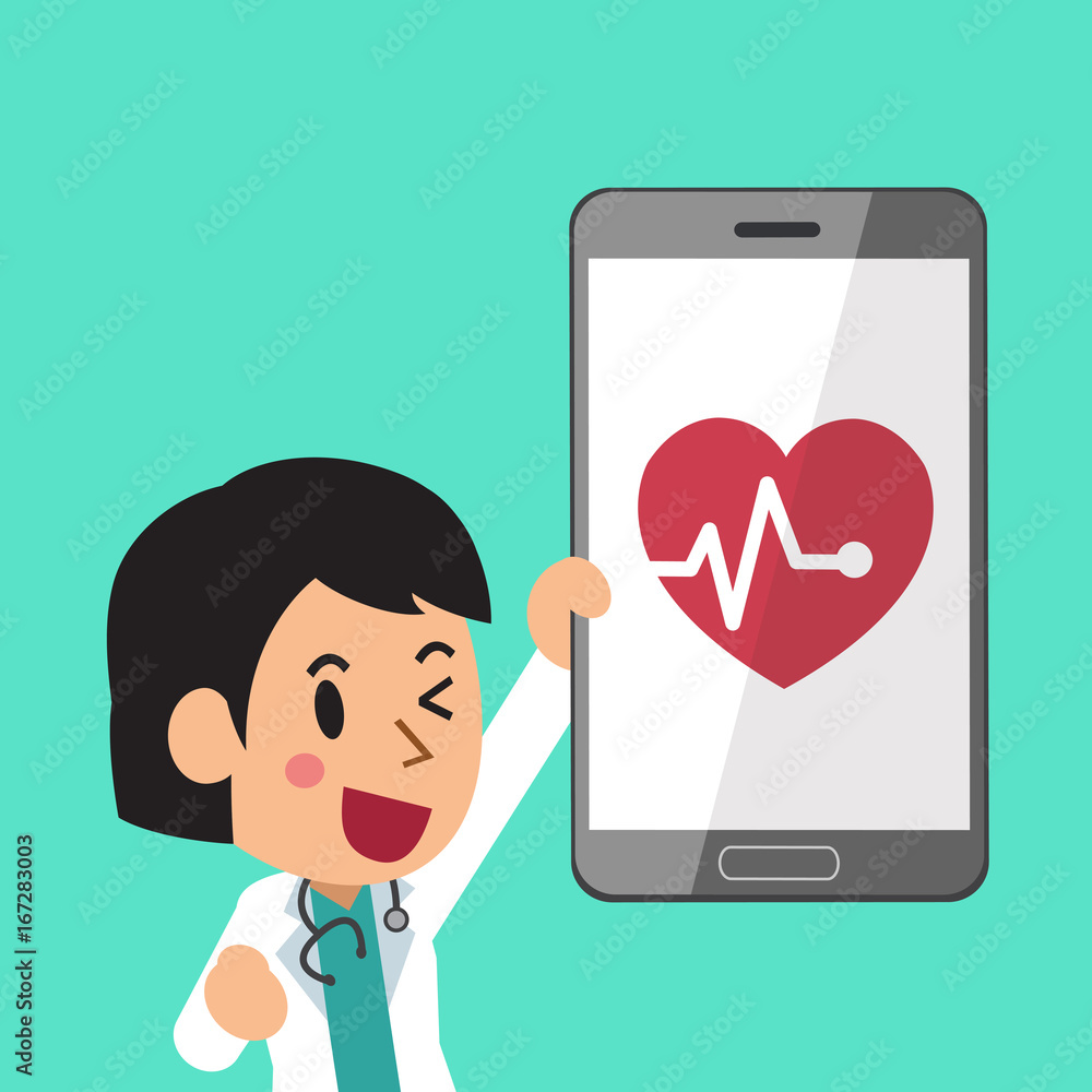 Cartoon a female doctor and smartphone Cartoon a female doctor and smartphone