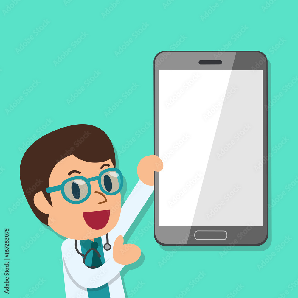 Cartoon male doctor and smartphone