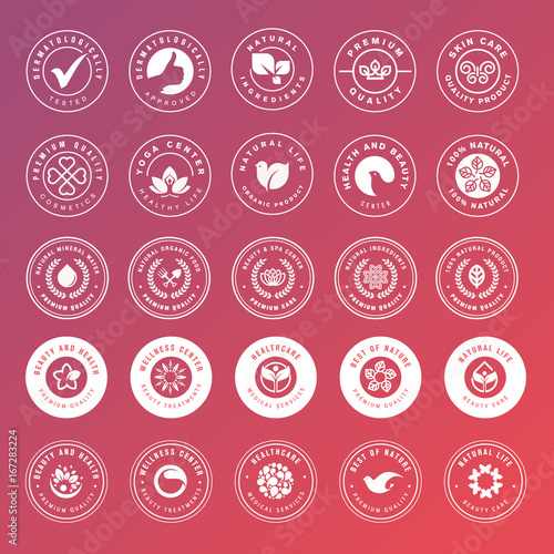 Collection of stickers for natural cosmetics and beauty products. Vector illustrations on a stylized background, for cosmetics, healthcare, spa and wellness. 