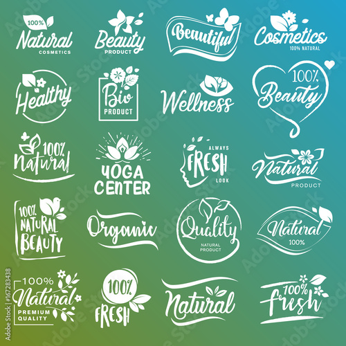 Collection of signs for natural cosmetics and beauty products. Vector illustrations on a stylized background, for cosmetics, healthcare, spa and wellness. 