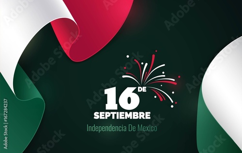 16 September. Mexico Happy Independence Day greeting card. Waving mexican flags isolated on green background. Patriotic Symbolic background  Vector illustration