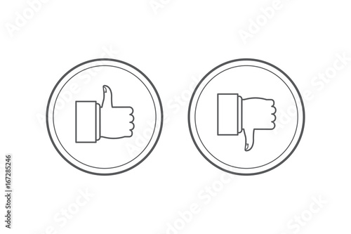 Like and dislike icons set. Thumbs up and thumbs down. Modern graphic elements for web banners, web sites, printed materials, infographics. Vector round thin line icons isolated on white background.