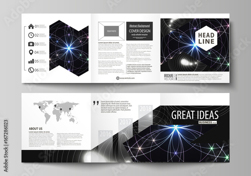 Set of business templates for tri fold square design brochures. Leaflet cover, abstract flat layout, easy editable vector. Sacred geometry, glowing geometrical ornament. Mystical background.