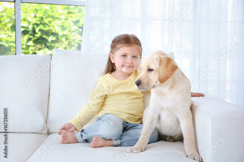 Cute child with Labrador Retriever on sofa