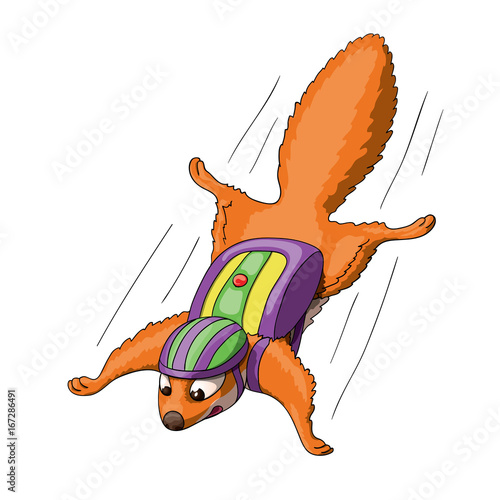 Funny cartoon squirrel character with base jumping stash bag