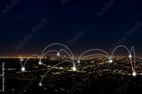 city scape and network connection concept over los angeles