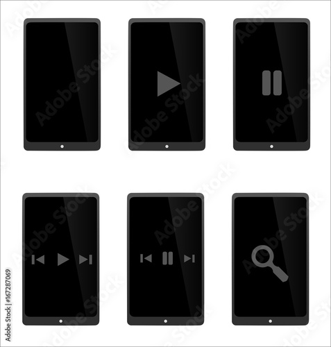 Ensemble de tablette grise et noire, moderne et réaliste avec options de lecture, communication, film, internet et musique