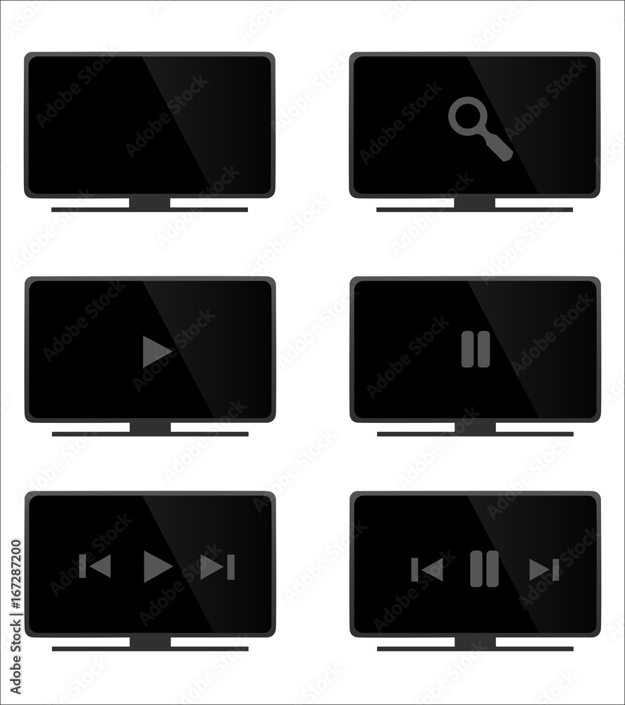 Ensemble de télévisions lcd hd noires et grises, modernes et réalistes, écran plat, option de lecture, films, séries et musiques