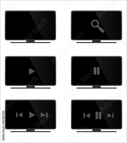 Ensemble de télévisions lcd hd noires et grises, modernes et réalistes, écran plat, option de lecture, films, séries et musiques