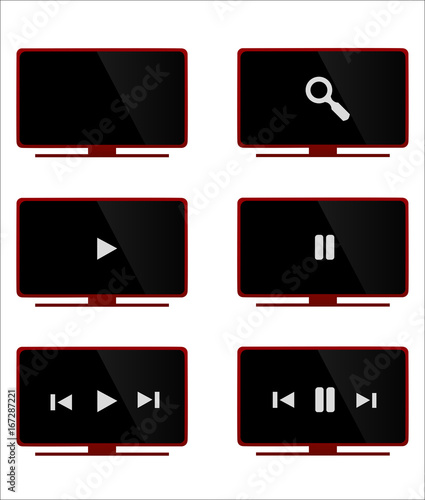 Ensemble de télévisions lcd hd rouges et noires, modernes et réalistes, écran plat, option de lecture, films, séries et musiques