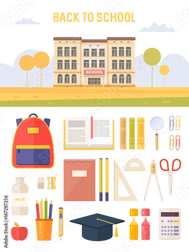 Concept education. Back to school. Set school supplies: school building, pencil, pen, backpack, calculator, notebooks, textbooks. Vector illustration.