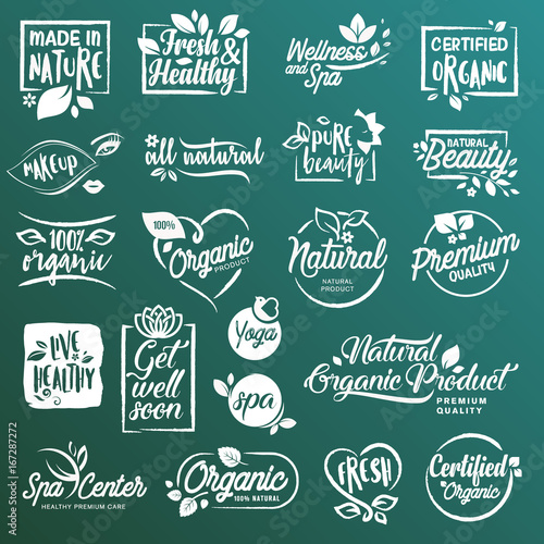 Collection of stickers and elements for natural cosmetics and beauty products. Vector illustrations on a stylized background, for cosmetics, healthcare, spa and wellness. 