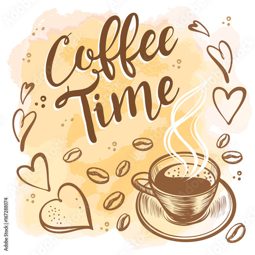 Hand drawn coffee time illustrations. Vintage vector background.