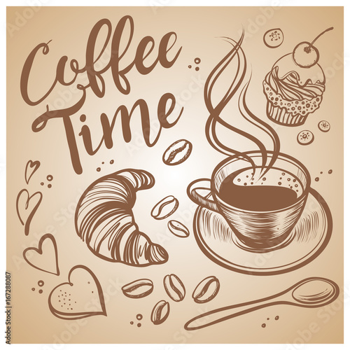 Hand drawn coffee time illustrations. Vintage vector background.