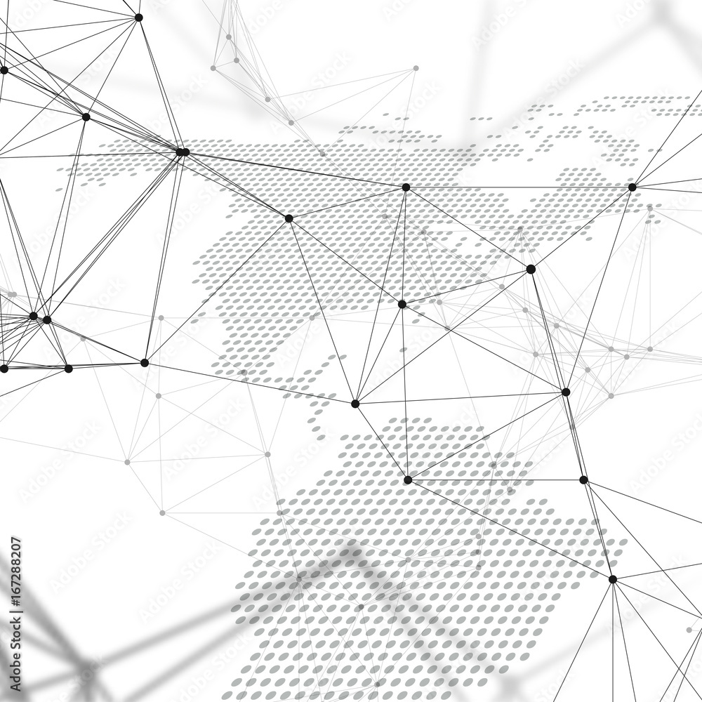 Abstract futuristic network shapes. High tech background, connecting lines and dots, polygonal linear texture. World map on white. Global network connections, geometric design, dig data concept.