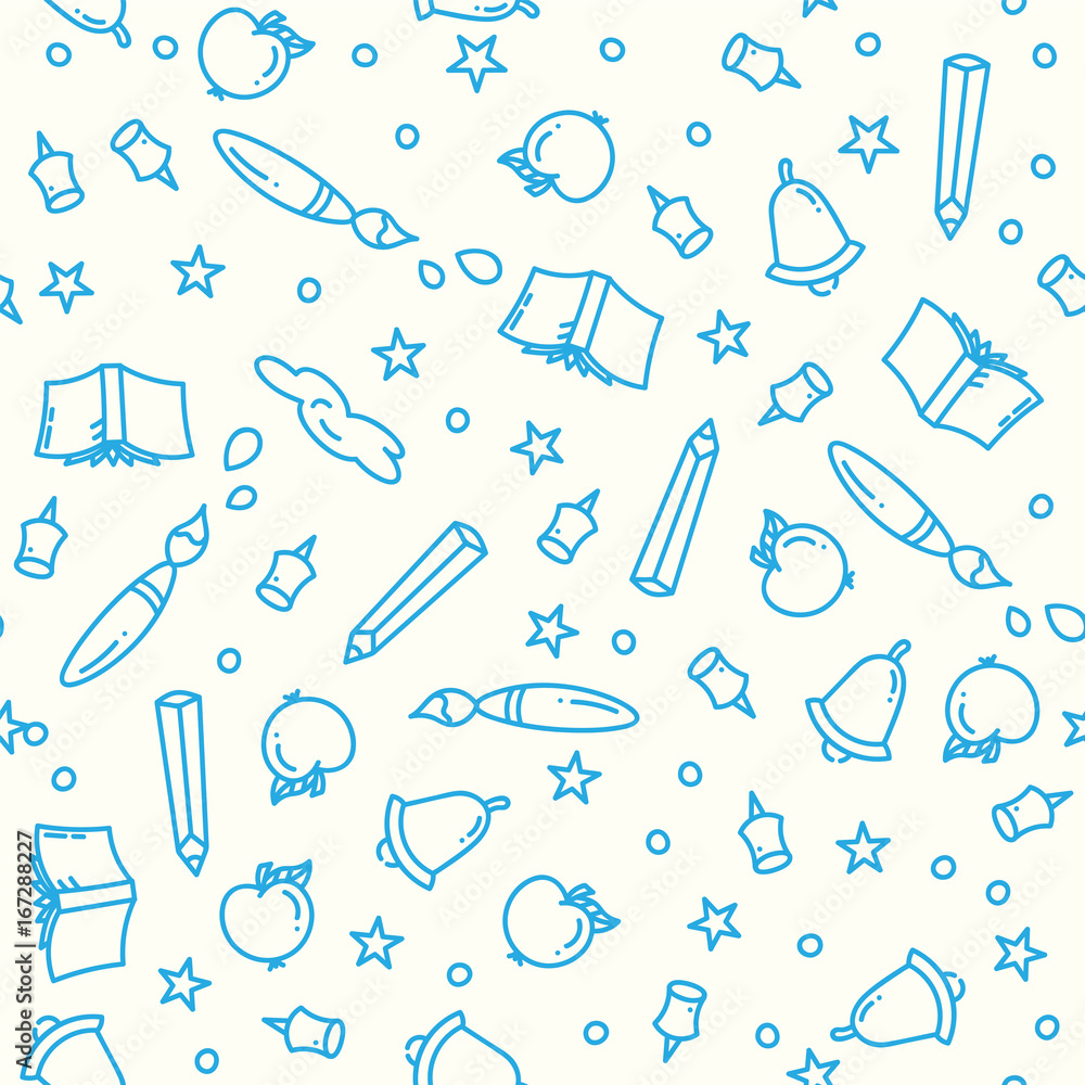 Pattern of back to school with thin line icons school supplies. Education background. Study elements in linear icon art style. Pattern of back to school with thin line icons school supplies. Education background. Study elements in linear icon art style.