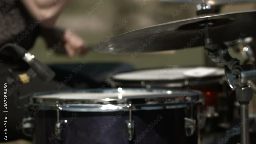 Camera Shows Side View Professional Drummer Playing Exitenly Camera Shows Side View Professional Drummer Playing Exitenly