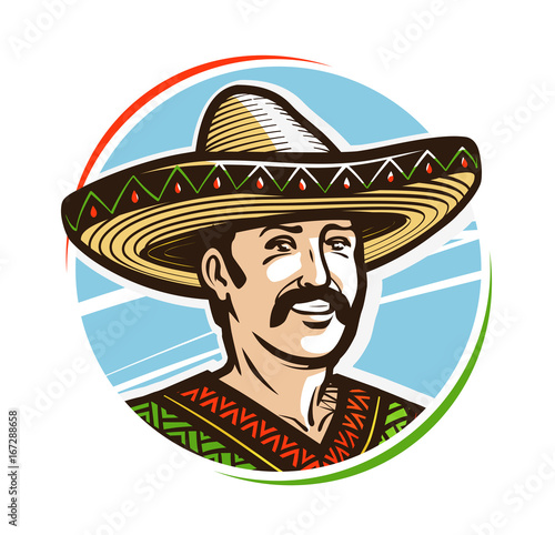 Portrait of happy smiling mexican in sombrero, logo or label. Cartoon vector illustration