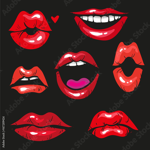 Woman lip gestures set. Girl mouths close up with red lipstick makeup expressing different emotions.