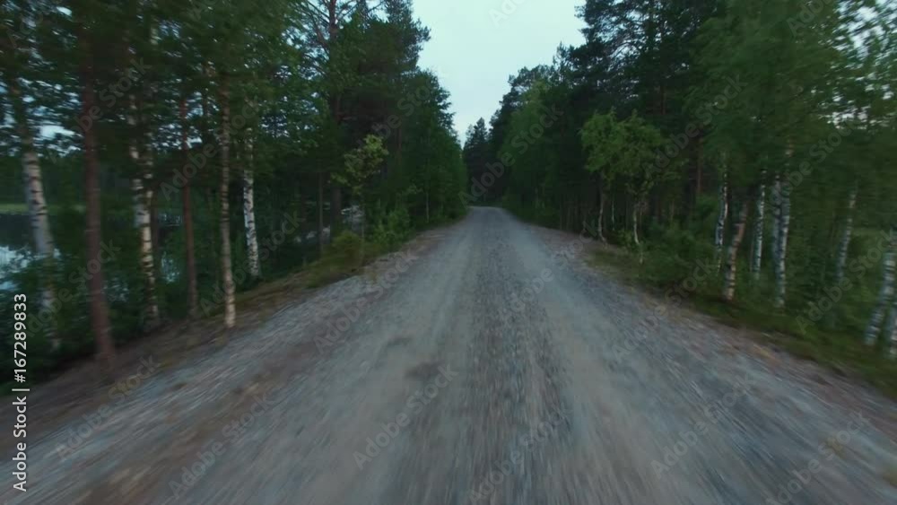Aerial flying along gravel road in the forest. Trees and lake Aerial flying along gravel road in the forest. Trees and lake
