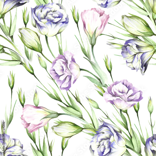 Seamless pattern with eustoma. Hand draw watercolor illustration.