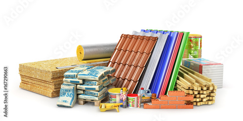 Set of construction materials and tools isolated on a white background. 3d illustration photo