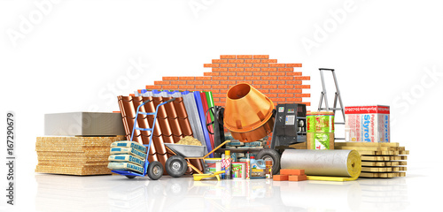 Set of construction materials and tools isolated on a white background. 3d illustration photo
