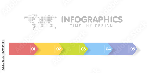 Business infographics template. Timeline with 5 arrow steps, five number options. Vector