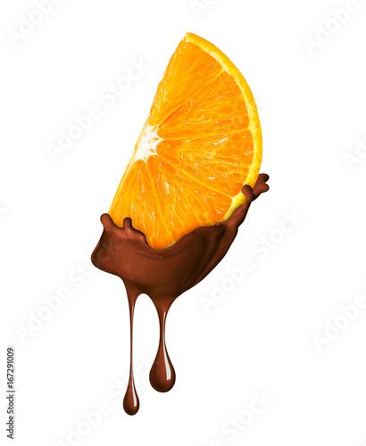 Slice of orange in liquid hot chocolate isolated on white background