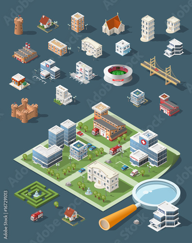 Set of Isolated High Quality Isometric City Elements . Harbor with Shadows on Dark Background