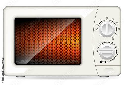 White plastic microwave oven. Mechanical control.