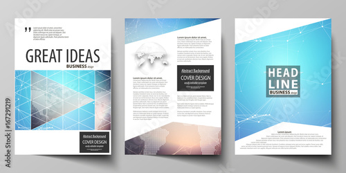 The vector illustration of editable layout of three A4 format modern covers design templates for brochure, magazine, flyer, booklet. Molecule structure. Science, technology concept. Polygonal design.