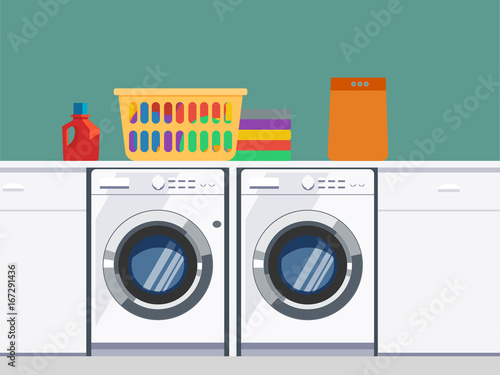 Laundry room with washing machine, facilities for washing, washing powder and basket on shelves, Flat style vector illustration.
