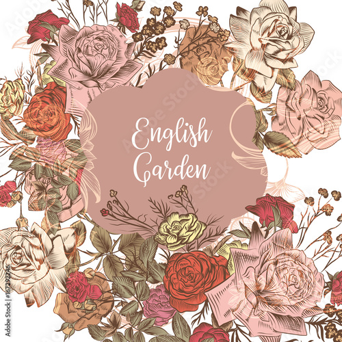 English invitation or save the date card with roses