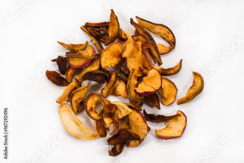 A pile of dried apples isolated on a white background