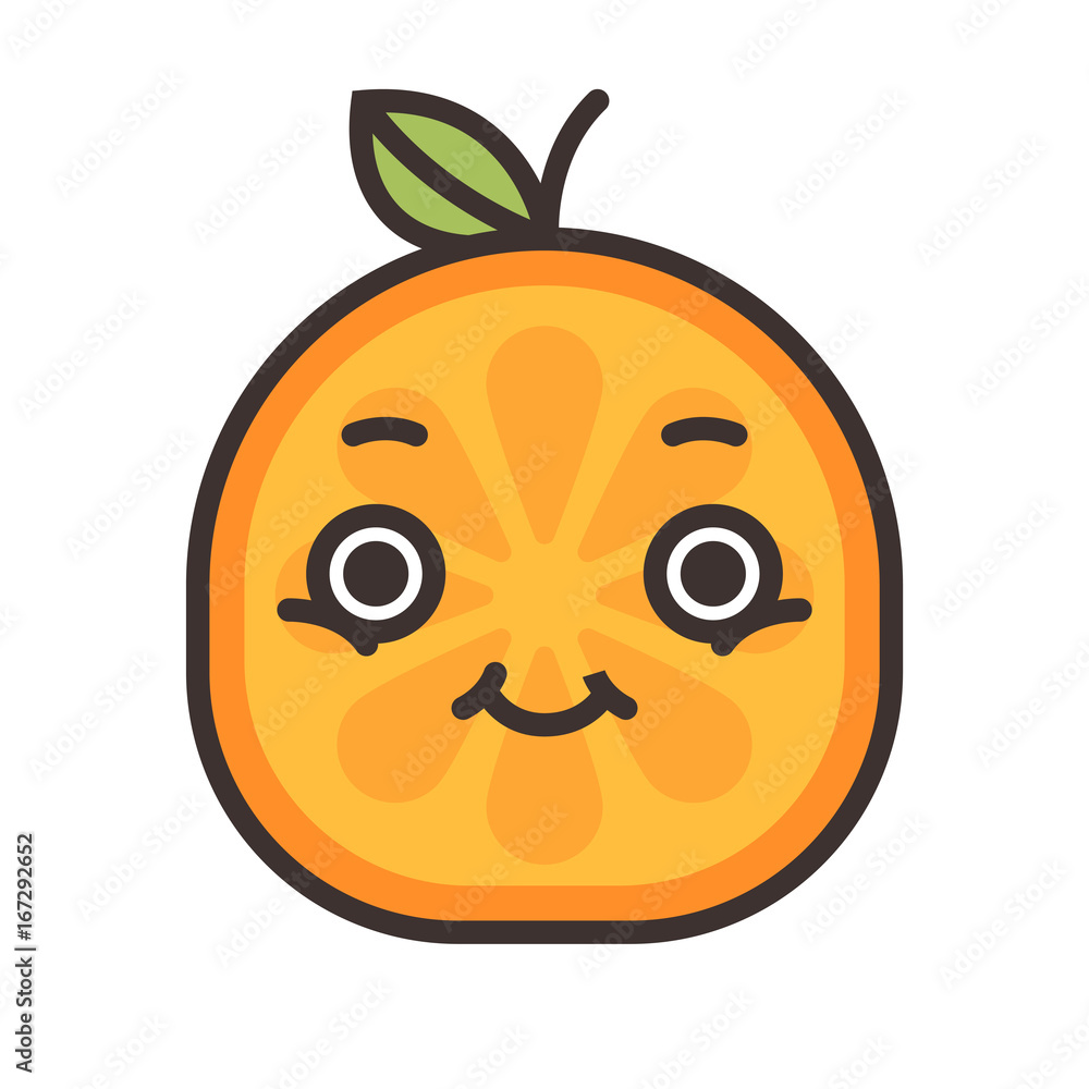 Happy smile emoji. Smiley orange fruit emoji. Vector flat design emoticon icon isolated on white background. Happy smile emoji. Smiley orange fruit emoji. Vector flat design emoticon icon isolated on white background.