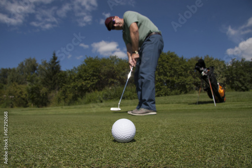 A golfer rolls a golf ball into the hole.