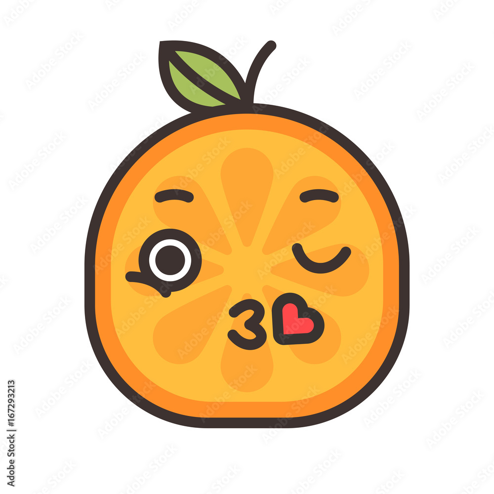 Obraz premium Kiss emoji. Kissing orange fruit emoji with heart. Vector flat design emoticon icon isolated on white background.