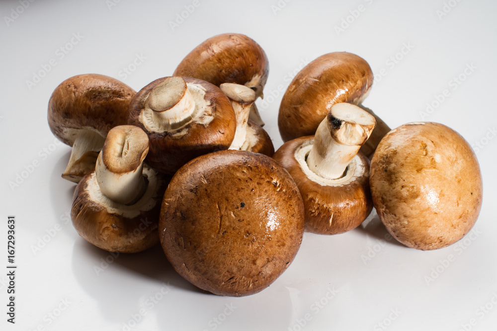 A pile of brown champignon mushrooms isolated on a white background A pile of brown champignon mushrooms isolated on a white background