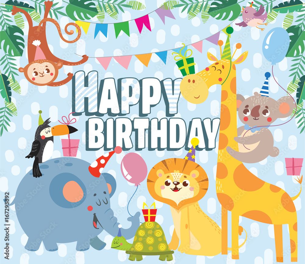 Birthday greeting cards with cute animals. Vector illustration.