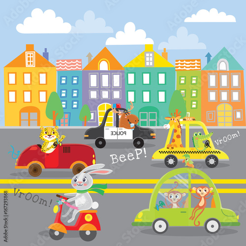 Cute animal on transport in city. Street.Vector illustration