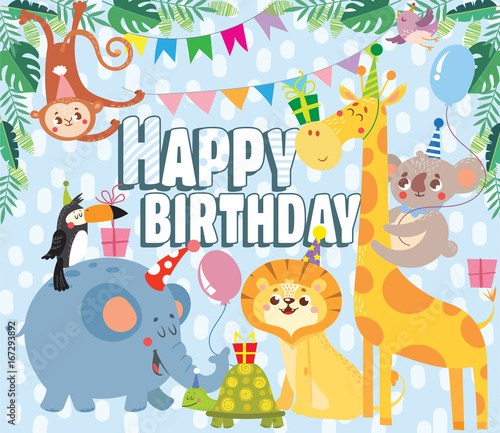 Birthday greeting cards with cute animals. Vector illustration.