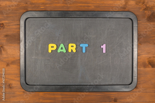 part 1 title of colorful foam letters on chalkboard