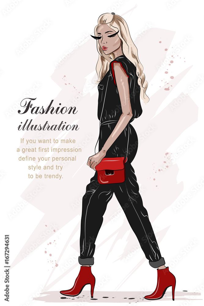 Beautiful fashion girl hand drawn with black and red colors. Stylish woman in fashion clothes. Sketch. Full body woman portrait. Vector illustration. Beautiful fashion girl hand drawn with black and red colors. Stylish woman in fashion clothes. Sketch. Full body woman portrait. Vector illustration.