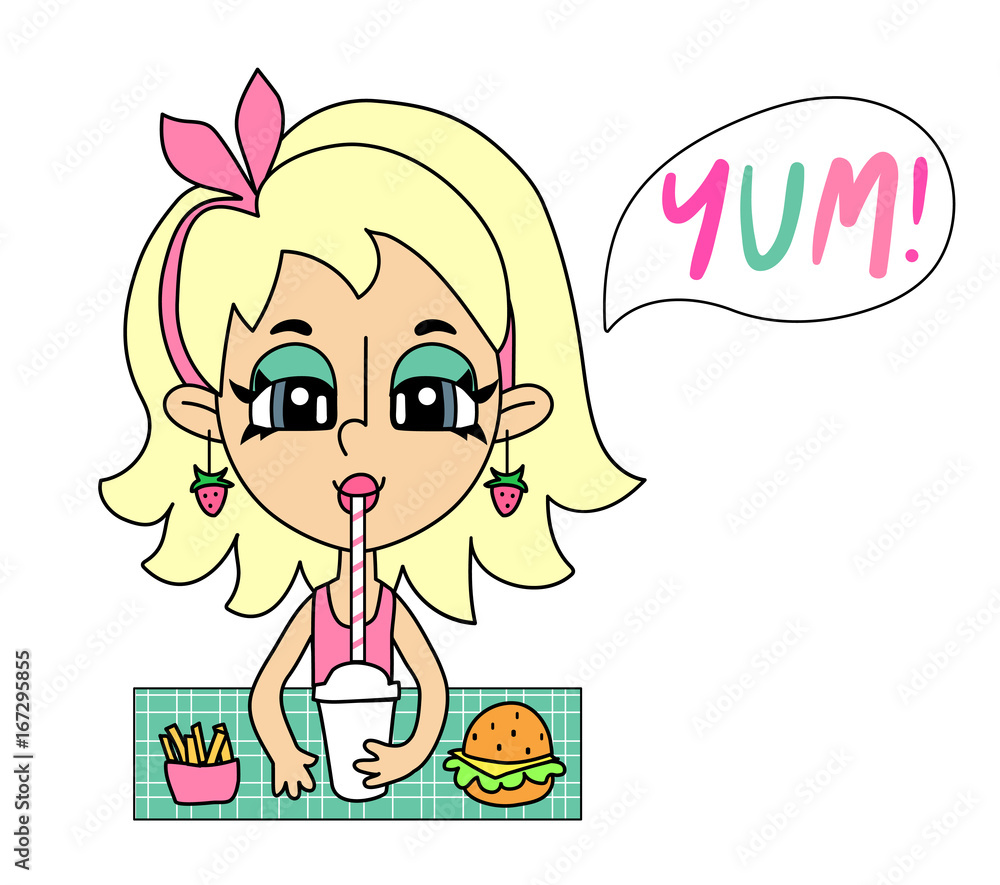 Cute cartoon character, blonde girl in strawberry earrings, pink clothes &  hair bow eating tasty junk food lunch. Fast food restaurant scene with  speech bubble. Young woman enjoying delicious snacks. Stock Vector |